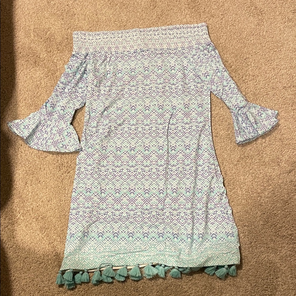 Cabana Life Aqua and White Off the Shoulder Dress